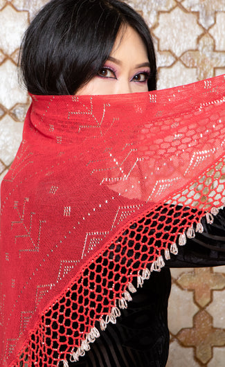 Assuit Beaded Hip Scarf/Sash Red with Silver Beads