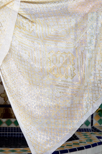 Modern White and Gold Assuit Shawl With Mixed Motif Design
