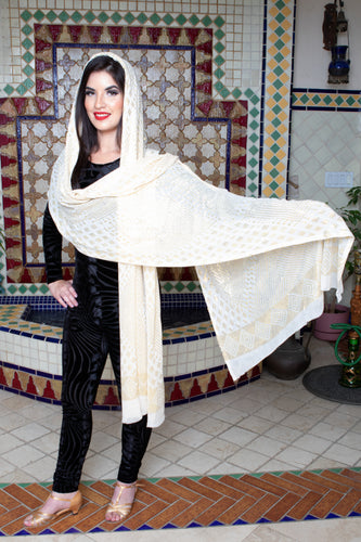 Modern White and Gold Assuit Shawl With Mixed Diamonds Design